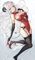Rule 34 | 1girl, :/, absurdres, bad id, bad pixiv id, bare shoulders, black gloves, black horns, black thighhighs, blue eyes, breasts, china dress, chinese clothes, cleavage, cleavage cutout, closed mouth, clothing cutout, demon tail, dress, elbow gloves, floating hair, foot out of frame, garter belt, gloves, gold trim, groin, hand up, high heels, highres, horn ornament, horn piercing, horns, lace garter belt, large breasts, long hair, no panties, original, pelvic curtain, red dress, red footwear, refla, removing shoes, shoe dangle, side slit, sidelocks, skindentation, sleeveless, sleeveless dress, solo, tail, thighhighs, turtleneck, turtleneck dress, very long hair, white hair
