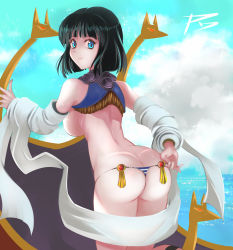 Rule 34 | 1girl, aqua eyes, ass, backboob, black hair, boat, bob cut, breasts, butt crack, cloud, highres, kneeling, large breasts, menace (queen&#039;s blade), ocean, panties, queen&#039;s blade, reneg30, signature, sky, solo, striped clothes, striped panties, thong, underwear, watercraft, wrapping