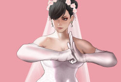 Rule 34 | 1girl, absurdres, bare shoulders, black hair, booger wang, breasts, bridal veil, brown eyes, capcom, chun-li, cleavage, collarbone, commentary request, double bun, dress, earrings, elbow gloves, flower, gloves, hair bun, hair flower, hair ornament, highres, jewelry, lace dress, lips, long bangs, looking to the side, makeup, mascara, medium breasts, palm-fist greeting, pink background, short hair, solo, strapless, strapless dress, street fighter, upper body, veil, wedding dress, white dress, white gloves