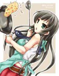 Rule 34 | 10s, 1girl, agano (kancolle), anchor symbol, apron, bare shoulders, black hair, cooking, dated, fried rice, frying pan, green eyes, kantai collection, ladle, long hair, momozakura nanao, neckerchief, red skirt, sailor collar, skirt, solo, twitter username