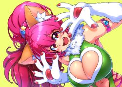 Rule 34 | 1girl, absurdres, animal ears, animal hands, blush, breasts, cat ears, cleavage, cleavage cutout, clothing cutout, highres, large breasts, leotard, long hair, looking at viewer, navel, open mouth, perisie (star ocean), pink hair, ponytail, red eyes, ryoi, simple background, smile, solo, star ocean, star ocean first departure