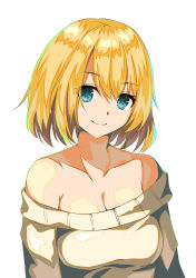 Rule 34 | 1girl, absurdres, alice margatroid, alternate costume, bad id, bad pixiv id, bare shoulders, beige sweater, blonde hair, blue eyes, breasts, cleavage, collarbone, commentary request, hair between eyes, highres, kogane ringo, long sleeves, looking at viewer, medium breasts, off-shoulder sweater, off shoulder, short hair, simple background, smile, solo, sweater, touhou, upper body, white background