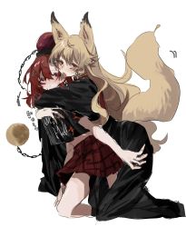 Rule 34 | animal ears, arms up, ayahi 4, bare shoulders, black dress, black headwear, black shirt, blush, breasts, brown hair, chain, chinese clothes, closed mouth, clothes writing, dress, fingernails, fox ears, fox girl, fox tail, hair between eyes, hands up, heart, hecatia lapislazuli, highres, hug, hug from behind, junko (touhou), licking, licking another&#039;s face, light brown hair, long hair, long sleeves, looking at another, looking at viewer, mandarin collar, medium breasts, medium hair, moon (ornament), no headwear, off-shoulder shirt, off shoulder, open mouth, plaid, plaid skirt, red eyes, red hair, red skirt, red tabard, seiza, shirt, short sleeves, simple background, sitting, skirt, sweat, sweatdrop, t-shirt, tabard, tail, teeth, tongue, tongue out, touhou, underworld (ornament), wavy hair, white background, wide sleeves, yuri