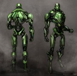 Rule 34 | abstract background, armor, character sheet, clenched hand, dc comics, doll joints, full body, glowing, glowing eyes, gradient background, green eyes, green lantern, green lantern (series), highres, joints, looking at viewer, no humans, non-humanoid robot, robot, solo, standing, stel