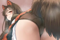 Rule 34 | 1girl, all fours, animal ears, ass, black panties, blush, brown background, brown hair, closed mouth, cowboy shot, dress, from behind, imaizumi kagerou, long hair, looking at viewer, looking back, panties, red eyes, simple background, smile, solo, tail, touhou, underwear, white dress, wolf ears, wolf tail, yudepii