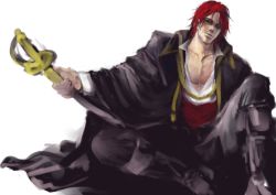 Rule 34 | 1boy, boots, facial hair, jacket, male focus, one piece, open collar, red hair, saber (weapon), scar, shanks (one piece), sheath, simple background, sitting, solo, sword, weapon, white background