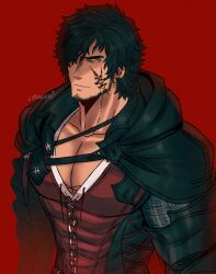 Rule 34 | 1boy, armor, beard, black cape, black eyes, black hair, cape, clive rosfield, closed mouth, collarbone, cowboy shot, facial hair, facial tattoo, final fantasy, final fantasy xvi, gauntlets, highres, male focus, oneirio, pectoral cleavage, pectorals, red background, red shirt, shirt, short hair, simple background, solo, standing, tattoo, twitter username, v-shaped eyebrows
