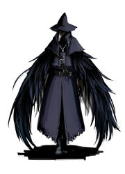 Rule 34 | 1girl, bloodborne, boots, cape, capelet, crowfeather set, eileen the crow, feathers, from software, full body, hat, mask, murai shinobu, plague doctor, simple background, solo, strap, white background