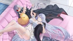 Rule 34 | 2girls, azur lane, black dress, black thighhighs, blue eyes, blue gemstone, breasts, cleavage, contrast, couch, detached sleeves, dress, dual persona, emden (azur lane), feet out of frame, flower, flower over eye, from above, full body, gem, grey hair, highres, holding, holding stuffed toy, large breasts, lock, long hair, lying, manjuu (azur lane), multiple girls, on back, on couch, padlock, padlocked collar, red eyes, red flower, red gemstone, red rose, rose, stuffed toy, thighhighs, very long hair, white dress, white flower, white rose, wrist cuffs, yuyuko (8322)