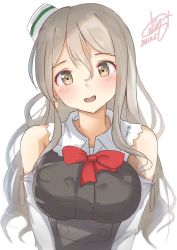 Rule 34 | 1girl, bodice, bow, bowtie, breasts, brown eyes, calin, corset, dated, grey hair, head tilt, highres, kantai collection, large breasts, looking at viewer, pola (kancolle), shirt, signature, simple background, solo, thick eyebrows, tilted headwear, upper body, wavy hair, white background, white shirt