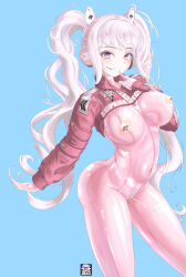 Rule 34 | 1girl, absurdres, alice (nikke), animal ear headphones, animal ears, bandaid, bandaids on nipples, blush, bodysuit, breasts, closed mouth, covered navel, cropped jacket, crotch zipper, fake animal ears, finger to mouth, gloves, goddess of victory: nikke, hair between eyes, headphones, headset, highres, impossible bodysuit, impossible clothes, jacket, latex, latex bodysuit, long hair, medium breasts, mumu (mumumux2), covered erect nipples, pasties, pink bodysuit, pink eyes, pink gloves, pink hair, red jacket, shoes, sidelocks, skin tight, smile, sneakers, solo, twintails, two-tone gloves, watermark, white gloves, zipper