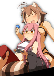 Rule 34 | 2girls, ^ ^, animal ears, antenna hair, between breasts, black legwear, blazblue, blush, breast press, breasts, brown hair, candy, cat ears, cleavage, closed eyes, food, glasses, gradient background, handheld game console, highres, kokonoe (blazblue), lollipop, long hair, makoto nanaya, medium breasts, midriff, mirano, mouth hold, multiple girls, navel, open mouth, orange eyes, pince-nez, pink hair, playstation portable, playstation vita, short hair, sitting, sitting on lap, sitting on person, small breasts, squirrel ears, squirrel tail, stomach, tail, thighhighs, underboob