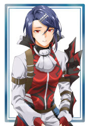 Rule 34 | 1boy, absurdres, alcryst (fire emblem), arm guards, armor, ascot, blue border, blue hair, border, commentary request, crossed bangs, fire emblem, fire emblem engage, grey sleeves, hair between eyes, hair ornament, hairclip, highres, long sleeves, looking at viewer, male focus, midori no baku, nintendo, red eyes, red sleeves, red vest, shirt, short hair, shoulder armor, sidelocks, solo, standing, swept bangs, vest, white ascot, white background, white shirt