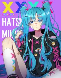 Rule 34 | 1girl, 39, absurdres, alternate costume, alternate hair ornament, arm at side, text background, baggy clothes, bandaid, bandaid on cheek, bandaid on face, bandaid on leg, bare legs, black hoodie, blue eyes, blue hair, blue shorts, character name, cloud, collarbone, colorful, cross-laced clothes, curly hair, expressionless, eyelashes, eyes visible through hair, facepaint, facing viewer, foot out of frame, hair ornament, twirling hair, hairclip, hand up, hatsune miku, heart, highres, hood, hood down, hoodie, index finger raised, kkagga, kneehighs, leg up, long hair, looking afar, parted bangs, parted lips, pin, pink ribbon, purple background, rainbow, ribbon, shiny skin, short shorts, shorts, simple background, sitting, smiley face, socks, solo, spread legs, tareme, thighs, twintails, twitter username, very long hair, vocaloid, white socks, x hair ornament