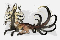 Rule 34 | 1boy, \n/, animal ears, animal nose, artist name, body fur, chimera, claws, covered eyes, covered navel, extra arms, facing viewer, fangs, fingernails, from side, full body, furry, furry male, grey background, hands up, highres, hooves, komiti, lying, male focus, mixed limbs, monster boy, mudra, multicolored fur, multiple tails, on stomach, open mouth, original, sharp fingernails, simple background, solo, tail, taur, white background, yellow fur, yellow nails