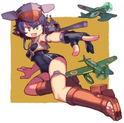 Rule 34 | 1girl, aircraft, asymmetrical hair, bad id, bad twitter id, black gloves, black hair, black one-piece swimsuit, boots, breasts, clothes writing, crop top, framed breasts, full body, gloves, headgear, headphones, high heel boots, high heels, i-14 (kancolle), kantai collection, mizuno (okn66), neckerchief, one-piece swimsuit, open mouth, partially fingerless gloves, rigging, sailor collar, school swimsuit, single glove, solo, swimsuit