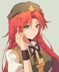 Rule 34 | 1girl, braid, grey background, hand up, hat, hat ornament, highres, hong meiling, liangyilin, long hair, looking at viewer, puffy short sleeves, puffy sleeves, red hair, short sleeves, simple background, solo, star (symbol), star hat ornament, touhou, upper body