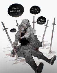 Rule 34 | 1boy, 1girl, armor, artist name, ayaka (genshin impact), black shirt, blood, blood on ground, bloody weapon, blunt ends, blunt tresses, boots, choker, closed eyes, cradling, cradling head, cross-laced footwear, crying, english text, fake horns, fingerless gloves, genshin impact, gloves, hair ribbon, hand on another&#039;s chest, hand on another&#039;s shoulder, highres, horned headwear, horns, hug, japanese armor, jewelry, katana, knee boots, leaning, leaning on weapon, long sleeves, looking at another, low ponytail, monochrome, necklace, on ground, open mouth, pants, planted, planted sword, planted weapon, ponytail, rain, ribbon, shirt, sitting, sleeves rolled up, sword, thoma (genshin impact), tress ribbon, vambraces, vest, weapon, wide sleeves, yaoyaobae