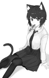 Rule 34 | 1girl, absurdres, animal ear fluff, animal ears, arm support, bad id, bad twitter id, black hair, black necktie, black pantyhose, black skirt, blouse, cat ears, cat girl, cat tail, crowcrycaw, dress shirt, fish hair ornament, food in mouth, greyscale, hair ornament, hairclip, highres, long sleeves, looking at viewer, loose necktie, monochrome, necktie, original, pantyhose, pleated skirt, shirt, short hair, sidelocks, simple background, skirt, solo, swept bangs, tail, white background, white shirt, wing collar