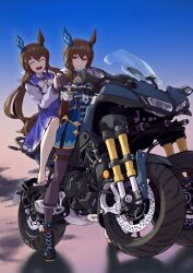 Rule 34 | 2girls, admire vega&#039;s twin sister (umamusume), admire vega (umamusume), animal ears, black footwear, boots, ear covers, gradient background, highres, horse ears, horse girl, horse tail, low ponytail, multiple girls, necktie, on motorcycle, school uniform, siblings, smile, tagme, tail, tenkey2022, thigh strap, tracen school uniform, twins, two-tone background, umamusume, white necktie, yamaha, yamaha tricity