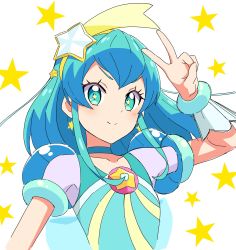 Rule 34 | 1girl, arm up, blue choker, blue eyes, blue hair, choker, closed mouth, collarbone, cure milky, floating hair, hagoromo lala, hair ornament, hairband, highres, kousuke0912, long hair, precure, see-through, sketch, smile, solo, split mouth, star-shaped pupils, star (symbol), star hair ornament, star twinkle precure, starry background, symbol-shaped pupils, upper body, v, yellow hairband