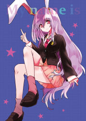Rule 34 | 1girl, animal ears, black footwear, blazer, blue background, closed mouth, collared shirt, comic, comiket 95, crescent, crescent pin, english text, full body, hair between eyes, jacket, long hair, long sleeves, looking at viewer, necktie, pink skirt, purple hair, rabbit ears, rabbit girl, red eyes, red necktie, reisen udongein inaba, shirt, simple background, skirt, solo, star (symbol), touhou, uma (ninjin misaki), white shirt