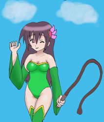 Rule 34 | 1girl, blue sky, breasts, cleavage, cosplay, final fantasy, final fantasy iv, green leotard, highleg, highleg leotard, highres, kantai collection, kisaragi (kancolle), leotard, rydia (ff4), rydia (ff4) (cosplay), sky, whip