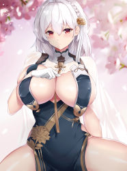 Rule 34 | 1girl, absurdres, azur lane, blush, braid, breast curtains, breasts, china dress, chinese clothes, cleavage, covered navel, dress, flower, gloves, hair between eyes, hair ornament, highres, large breasts, looking at viewer, pelvic curtain, red eyes, revealing clothes, san zhi chun, short hair, sirius (azur lane), sirius (azure horizons) (azur lane), solo, spread legs, thighs, white gloves, white hair