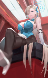Rule 34 | 1girl, animal ears, asuna (blue archive), asuna (bunny) (blue archive), bare shoulders, blazpu, blue archive, blue eyes, blue leotard, blush, breasts, brown pantyhose, cleavage, crossed legs, detached collar, elbow gloves, fake animal ears, gloves, grin, hair over one eye, halo, high heels, highleg, highleg leotard, highres, large breasts, leotard, light brown hair, long hair, looking at viewer, mole, mole on breast, pantyhose, playboy bunny, rabbit ears, sitting, smile, solo, thighband pantyhose, thighs, white gloves