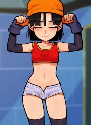 Rule 34 | 1girl, adjusting clothes, adjusting headwear, bandana, belt, black gloves, black hair, black thighhighs, blunt bangs, breasts, chain, closed eyes, closed mouth, collarbone, cowboy shot, crop top, detached sleeves, dragon ball, dragon ball gt, elbow gloves, facing viewer, feet out of frame, female focus, fingerless gloves, gloves, highres, loodncrood, midriff, navel, no bra, orange bandana, pan (dragon ball), short shorts, shorts, small breasts, smile, solo, standing, thighhighs, thighs, underboob