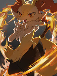 1girl animal_ear_fluff animal_ears animal_hands animal_nose backlighting black_fur blush blush_stickers body_fur braixen creatures_(company) fang female_focus fire flat_chest fox_ears fox_girl fox_tail furry furry_female game_freak gen_6_pokemon grey_background hands_up happy heart heart_hands looking_at_viewer multicolored_fur neck_fur nintendo open_mouth own_hands_together pawpads pokemon pokemon_(creature) red_eyes smile snout solo standing stick tail tale_(b8codomu) thick_thighs thighs white_fur yellow_fur