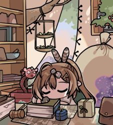 Rule 34 | 1girl, ahoge, berry, book, bookshelf, bowl, branch, brown hair, clipe, closed eyes, dice hair ornament, feather hair ornament, feathers, gavel, gift, gloves, hair ornament, hairclip, hanging plant, hololive, hololive english, jack-in-the-box, long hair, map, mortar (bowl), multicolored hair, nanashi mumei, package, partially fingerless gloves, ponytail, pouch, shelf, shirt, sleeping, space print, starry sky print, streaked hair, treehouse, very long hair, virtual youtuber, white shirt