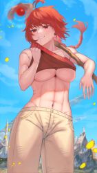 Rule 34 | 1girl, abs, absurdres, blue sky, breasts, clothes lift, collarbone, commission, eyelashes, highres, large breasts, long braid, long hair, muscular, muscular female, navel, original, pants, rabbit, red eyes, red hair, red tank top, rushian, shirt lift, skeb commission, sky, smile, solo, staff, sweat, tank top, underboob