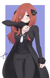 Rule 34 | 1girl, black jacket, black pants, black shirt, blue background, blue eyes, blush, boots, breasts, brown hair, cleavage, closed mouth, commentary request, cosplay, creatures (company), cynthia (pokemon), cynthia (pokemon) (cosplay), fur-trimmed sleeves, fur trim, game freak, go-toubun no hanayome, hair ornament, hair over one eye, highres, holding, holding poke ball, jacket, kujou karasuma, long hair, long sleeves, looking at viewer, medium breasts, nakano miku, nintendo, pants, poke ball, poke ball (basic), pokemon, pokemon dppt, shirt, signature, sleeves past wrists, solo, sweat, thigh boots, thighhighs, two-tone background, white background