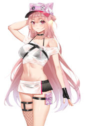 Rule 34 | 1girl, absurdres, animal ear headwear, animal ears, arm up, bare shoulders, baseball cap, bikini, bikini under clothes, black bikini, black gloves, blush, breasts, cowboy shot, crop top, fake animal ears, fingerless gloves, fishnet thighhighs, fishnets, girls&#039; frontline, gloves, groin, hair bun, hat, highres, large breasts, long hair, looking at viewer, microskirt, midriff, navel, off-shoulder shirt, off shoulder, official alternate costume, pink eyes, pink hair, pink hat, pouch, shirt, short sleeves, simple background, single hair bun, single thighhigh, skirt, solo, standing, stomach, swimsuit, thigh strap, thighhighs, thighs, ukm-2000 (girls&#039; frontline), ukm-2000 (soda tale) (girls&#039; frontline), very long hair, wet, wet clothes, wet shirt, white background, white shirt, zest (watts99)