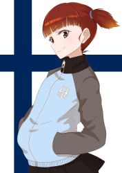 Rule 34 | 1girl, absurdres, black skirt, blue jacket, blunt bangs, closed mouth, commentary, finnish flag, flag background, girls und panzer, hair tie, hands in pockets, highres, jacket, keizoku military uniform, long sleeves, looking at viewer, mikko (girls und panzer), military, military uniform, miniskirt, oritako, pleated skirt, red eyes, red hair, short hair, short twintails, skirt, smile, solo, track jacket, twintails, uniform, upper body