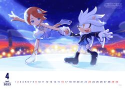 Rule 34 | 1boy, 1girl, blue eyes, brown hair, calendar (medium), dress, furry, furry with non-furry, highres, holding hands, ice, ice skates, ice skating, interspecies, leg up, night, official art, princess elise the third, short hair, silver the hedgehog, skates, skating, sky, smile, sonic (series), sonic the hedgehog (2006), sparkle, spotlight, star (sky), starry sky, third-party source, white fur, yellow eyes