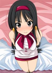 Rule 34 | 00s, 1girl, akiyama mio, bare shoulders, bed, black hair, blunt bangs, blush, earrings, female focus, from above, fuwafuwa time, gloves, grey eyes, hairband, highres, hime cut, jewelry, k-on!, lipstick, long hair, looking up, makeup, mod fashion, moeshino, naughty face, open \m/, sitting, smile, solo