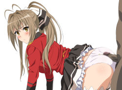 Rule 34 | 10s, 1boy, 1girl, amagi brilliant park, ass, bent over, blush, bow, breasts, brown eyes, brown hair, buttjob, buttjob over clothes, censored, clothed female nude male, cum, cum on ass, cum on clothes, frown, hair bow, hetero, highres, kekke, large breasts, long hair, medium penis, mosaic censoring, nude, panties, penis, ponytail, sento isuzu, simple background, skirt, thighhighs, underwear, uniform, white background, white panties, white thighhighs