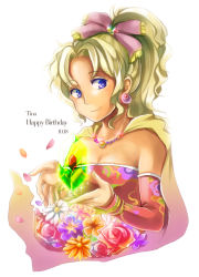 Rule 34 | 1990s (style), 1girl, blonde hair, blue eyes, cape, crystal, detached sleeves, earrings, female focus, final fantasy, final fantasy vi, flower, hitopm, jewelry, long hair, ponytail, solo, tina branford, white background