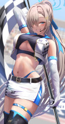 Rule 34 | 1girl, alternate costume, asuna (blue archive), asymmetrical bangs, bare shoulders, belt, blue archive, blue eyes, blue ribbon, blurry, blurry background, blush, breasts, crop top, cropped jacket, elbow gloves, flag, gloves, grin, hair ornament, hair over one eye, hairclip, halo, high ponytail, highleg, highleg panties, highres, holding, holding flag, large breasts, light brown hair, long hair, looking at viewer, microphone, midriff, miniskirt, navel, panties, race queen, revision, ribbon, silver bullet (ecc12 8), skirt, sleeveless, sleeveless jacket, smile, solo, stomach, thigh strap, thighhighs, underboob, underwear, very long hair, white gloves, zettai ryouiki, zipper
