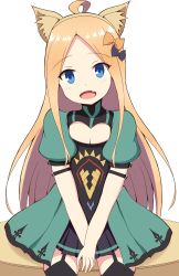 Rule 34 | 1girl, :d, abigail williams (fate), absurdres, ahoge, animal ear fluff, animal ears, atalanta (fate), atalanta (fate) (cosplay), black bow, black skirt, black thighhighs, blonde hair, blue eyes, blush, bow, breasts, cat ears, cleavage, cleavage cutout, clothing cutout, commentary request, cosplay, dress, fake animal ears, fang, fate/apocrypha, fate/grand order, fate (series), forehead, garter straps, green dress, hair bow, head tilt, highres, long hair, mitchi, open mouth, orange bow, parted bangs, pleated skirt, puffy short sleeves, puffy sleeves, short sleeves, sitting, skirt, small breasts, smile, solo, thighhighs, very long hair, white background