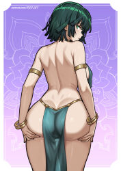 1girl alternate_costume armlet ass ass_focus bracelet breasts butt_crack floral_background from_behind fubuki_(one-punch_man) grabbing_own_ass green_eyes green_hair harem_outfit jewelry large_breasts looking_at_viewer one-punch_man parted_lips patreon_username redjet revealing_clothes short_hair solo