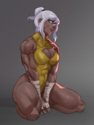 Rule 34 | 1girl, abs, bandaged arm, bandages, blue eyes, cleavage cutout, clothing cutout, dark skin, dlusionalx, facial scar, hair bun, heterochromia, highres, kneeling, leotard, looking to the side, muscular, muscular female, original, pink lips, scar, scar on cheek, scar on face, solo, thick thighs, thighs, white hair, yellow eyes