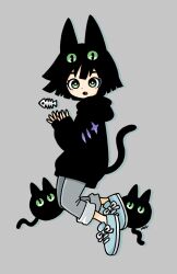 Rule 34 | 1girl, :o, animal ears, aqua footwear, black cat, black hair, black hoodie, blunt bangs, blunt ends, blush stickers, bob cut, bright pupils, cat, cat ears, cat girl, cat tail, commentary request, creature, dot nose, drop shadow, extra eyes, fang, fish bone, full body, garouma, green eyes, grey background, grey pants, hands up, highres, hood, hood down, hoodie, long sleeves, looking at viewer, open mouth, original, pants, pants rolled up, shoes, short hair, signature, simple background, sleeves past wrists, sneakers, solo, tail, white pupils