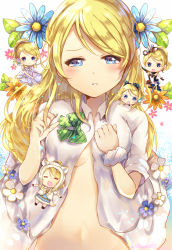 Rule 34 | 10s, 1girl, ayase eli, bad id, bad pixiv id, blonde hair, blue eyes, blush, breasts, chibi, hair down, looking at viewer, love live!, love live! school idol festival, love live! school idol project, medium breasts, meyukichi, multiple persona, ponytail, smile, solo focus