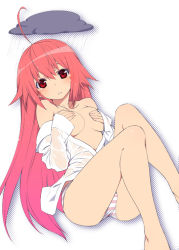 Rule 34 | 1girl, ahoge, blush, breasts, cloud, collarbone, covering breasts, covering privates, long hair, looking at viewer, no bra, off shoulder, open clothes, open shirt, original, panties, pink panties, rain, red eyes, red hair, see-through, shirt, sitting, solo, striped clothes, striped panties, sumaki shungo, tears, underwear, wet, wet clothes