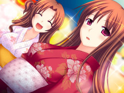 Rule 34 | 2girls, age difference, brown hair, cotton candy, festival, happy, japanese clothes, kimono, long hair, mature female, mother and daughter, multiple girls, open mouth, pregnant, purple eyes, swaneye, third-party edit