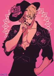 Rule 34 | 1boy, black headwear, black pants, black shirt, blonde hair, collared shirt, curly eyebrows, flower, hand on own face, highres, looking at viewer, male focus, one piece, pants, pink background, pink flower, pink rose, rose, sanji (one piece), shirt, snozberriezz