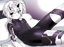 Rule 34 | 1girl, bodystocking, breasts, cameltoe, expressionless, female focus, greyscale, heterochromia, horns, lying, monochrome, on bed, original, ryou@ryou, short hair, sleeveless, small breasts, solo, tattoo, twitter username
